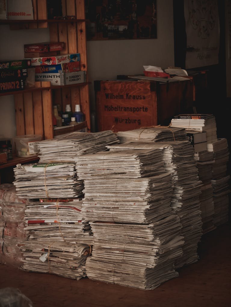 Large stacks of newspapers and magazines piled on the floor inside a room, ready for recycling.