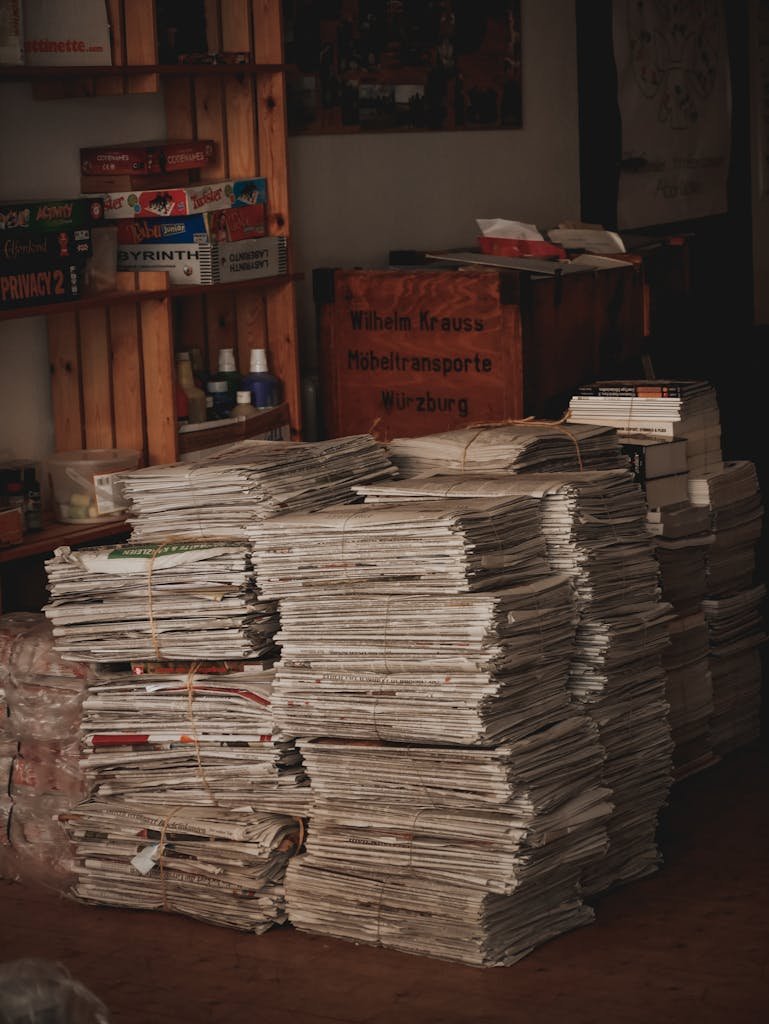 Large stacks of newspapers and magazines piled on the floor inside a room, ready for recycling.
